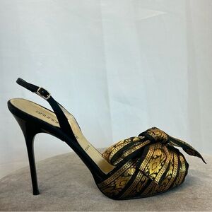 Bruno Frisoni metallic gold ribbon bow platform stiletto high heels Sz 38.5